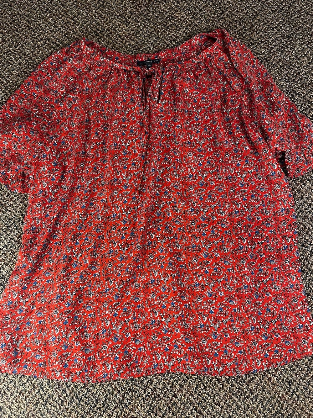 West Kei Red Floral Peasant Tie-Neck Blouse